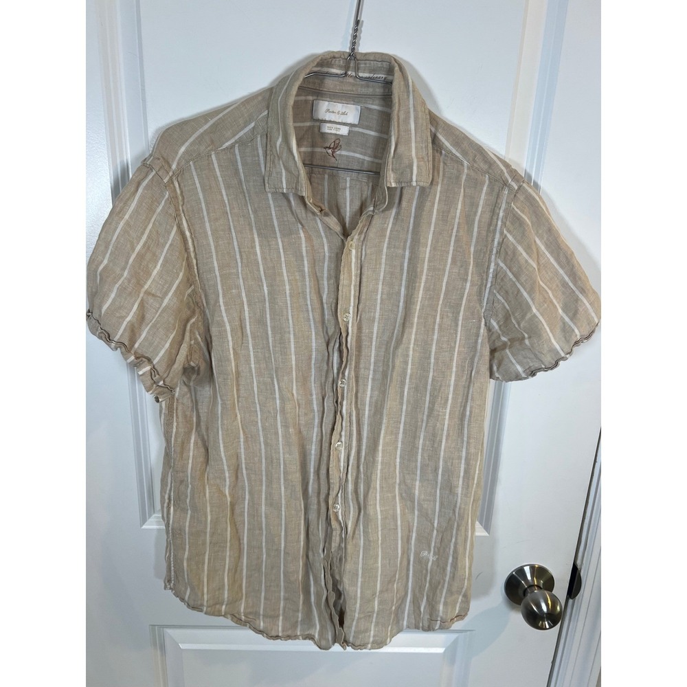 Porter & Ash Mens Short Sleeve Shirt 100% Linen Striped Beige Size M